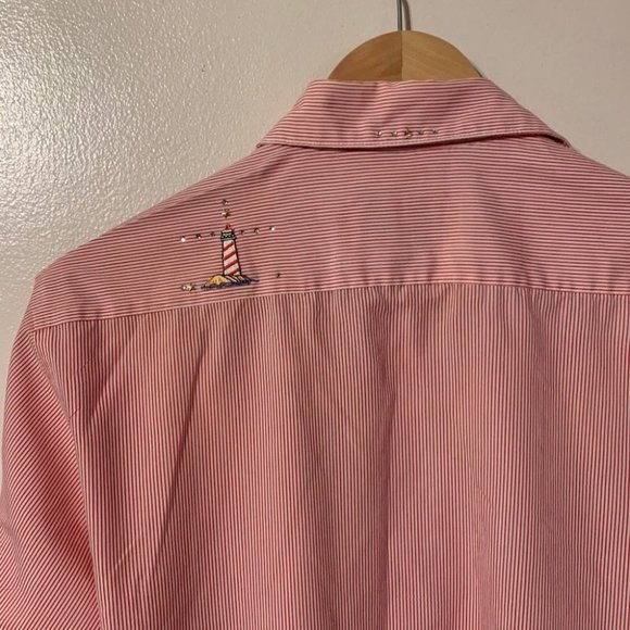 SHIPSHE Pinstripe Lighthouse Patches Longlsleeve Collared Shirt Sz S - Picture 8 of 8